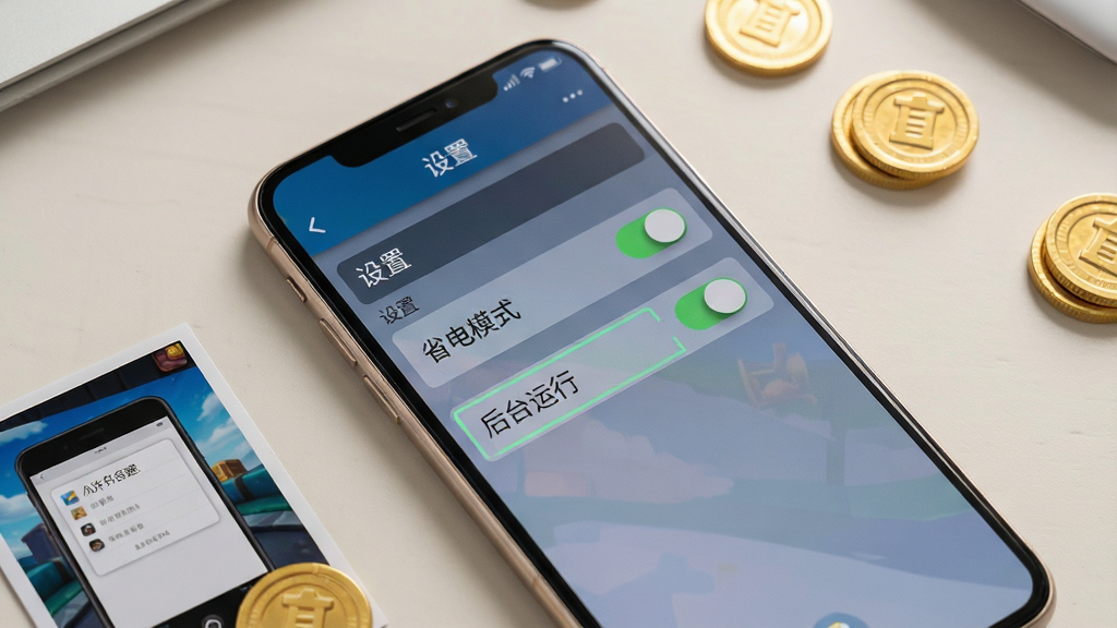 画面主体为一部智能手机平放在桌面上,屏幕中显示游戏内“设置”界面,界面上有“省电模式”和“后台运行”两个开关按钮。布局为俯拍视角,周围散落着几枚金币道具和一张截图保存的相册照片。排版清晰,重点突出“允许后台运行”选项。风格为写实摄影与UI界面混合,色调柔和。细节包括手机边框的金属质感、屏幕上的中文选项。画质为高清,画面干净无多余元素。