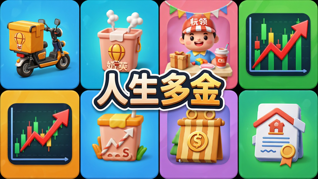 画面主体为游戏内赚钱方式合集,采用多宫格布局,每个格子展示一种玩法图标,如送外卖的小电驴、奶茶店、股票K线图、房产证。排版整齐划一,中心位置嵌入“人生多金”Logo。风格为Q版卡通写实混合,色彩鲜艳明亮。细节突出每种玩法的核心元素,如外卖箱上的热气球图案,股票图上的红色上涨曲线。画质高清细腻,画面干净整洁,无多余修饰元素。
