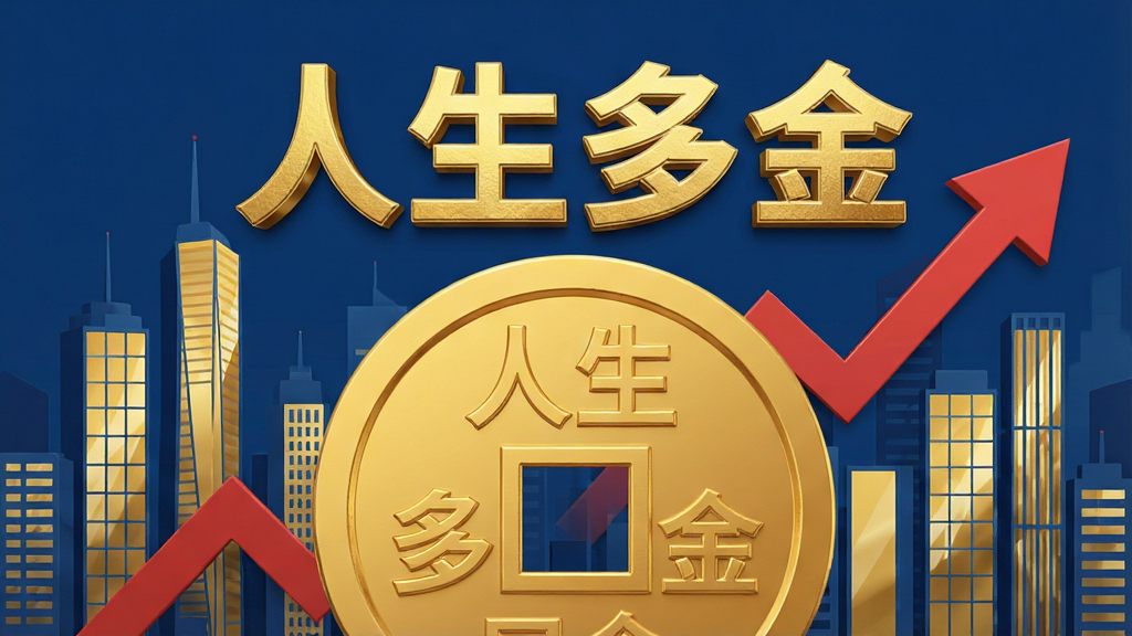 画面主体为金币与城市剪影,前景是一枚巨大的金色古钱币,币面刻有“人生多金”四字,背景是线条明快的现代摩天大楼与上升的红色箭头图表。布局采用中心构图,金币占据画面核心位置。排版简洁大气,标题文字“人生多金”置于金币上方,采用烫金立体字效。风格为扁平化与轻3D结合,色彩以金黄、深蓝、红色为主,营造财富与希望的氛围。细节丰富,金币边缘有细腻的浮雕纹理,城市玻璃幕墙反射着金色光芒。画质为8K超清,画面干净无多余元素。