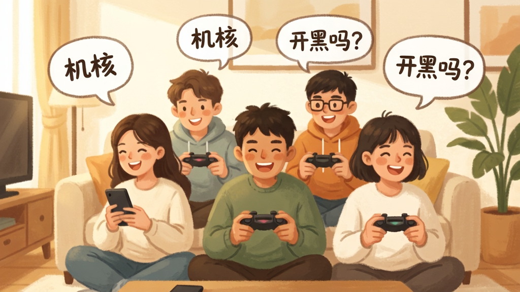 一幅温馨的插画风格图片,画面中央是一群风格各异的年轻人围坐在一起,各自拿着手机或游戏手柄,脸上洋溢着开心的笑容,他们头顶上方浮现出气泡对话框,里面写着“机核”和“开黑吗?”字样,背景是明亮的客厅,色调温暖,布局自然,画质柔和,细节丰富,无多余元素