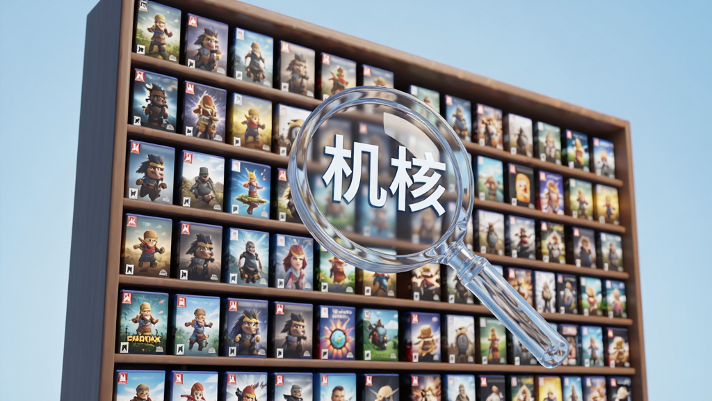 一张3D渲染风格的图片,画面中是一个巨大的虚拟书架,书架上整齐排列着成千上万个发光的游戏盒子,盒子正面印有各式各样的游戏封面图案,一个透明放大镜悬浮在书架前,镜片上反射出“机核”二字,背景为柔和的浅蓝色渐变,构图层次分明,质感细腻,画质高清,干净无多余元素