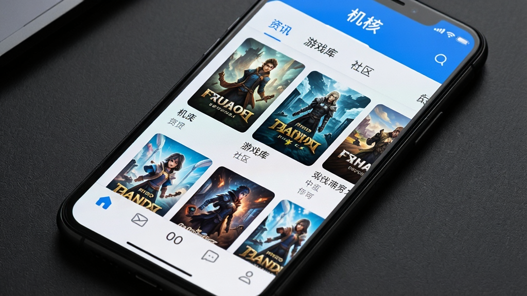 一张手机屏幕的特写,屏幕中显示一款名为“机核”的App界面,界面布局清晰,上方有“资讯”、“游戏库”、“社区”等标签栏,中间是精美的游戏封面瀑布流,下方是底部导航栏,整体风格现代简洁,以蓝白为主色调,手机背景为深灰色桌面,画质高清,细节丰富,干净无多余元素