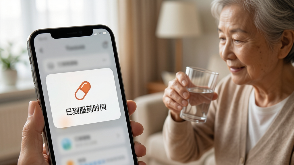 安度应用用药提醒功能预览图,画面展示手机屏幕上弹出用药提醒卡片,卡片上有药片图标和“已到服药时间”文字,背景为模糊的室内环境,一位老年人正拿起水杯准备服药,画面温馨自然,主体突出,布局合理,风格写实,细节丰富,画质高清干净,无多余元素