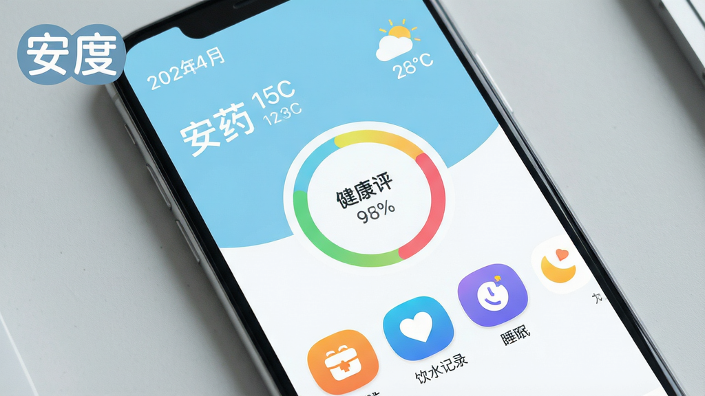 一张智能手机屏幕展示安度应用主界面,界面采用浅蓝色与白色搭配的清新风格,顶部显示日期与天气信息,中部有圆形健康评分环,下方排列着用药提醒、饮水记录、睡眠监测等彩色图标,整体布局简洁明亮,画质清晰干净,无多余元素,手机屏幕占比大,背景为淡灰色桌面,图片中应用名称“安度”以圆润字体显示在界面左上角