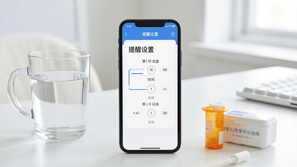 安度应用使用指南配图,画面展示一部手机正在运行安度应用,屏幕上显示“提醒设置”页面,有多个时间选择器,手机旁边摆放着水杯和药盒,背景为明亮的室内桌面,风格干净整洁,主体突出,布局合理,细节丰富,画质清晰,无多余元素