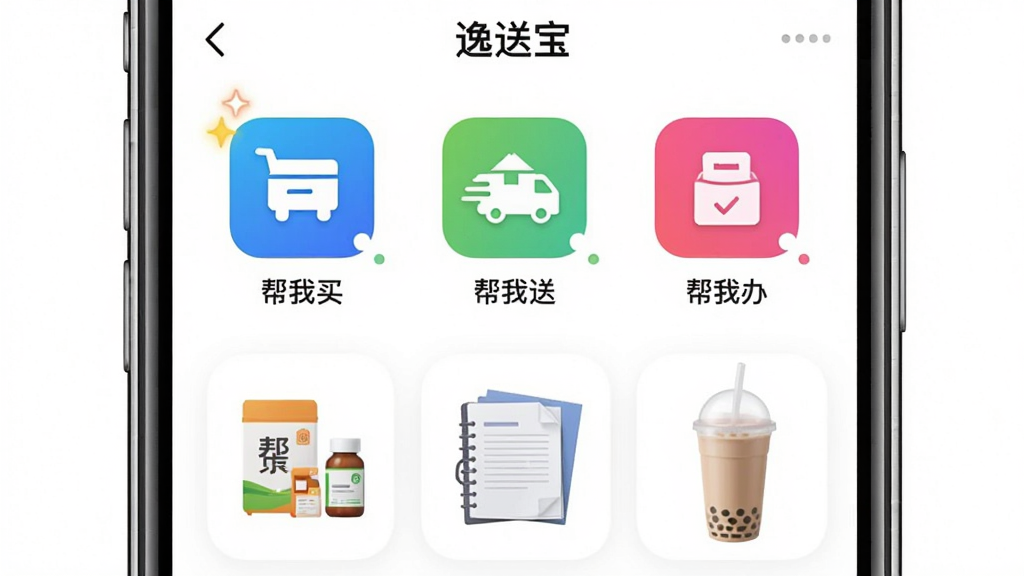 画面主体为手机APP“逸送宝”的订单分类界面,界面上整齐排列着“帮我买”、“帮我送”、“帮我办”三个彩色图标,下方有对应的物品图片,如药品、文件、奶茶等。布局采用垂直排列,手机屏幕居中展示。排版风格为UI界面截屏风,背景为纯白色,突出界面内容。细节上,每个图标都有小动画效果,如闪烁的光点。画质清晰,无多余元素。