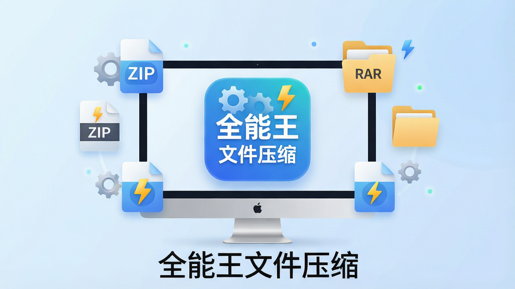 一张现代简约风格的软件宣传主视觉图,主体是“全能王文件压缩”软件图标悬浮在电脑屏幕中央,周围环绕着ZIP、RAR等格式的压缩包图标和文件夹元素,背景为淡蓝色渐变,布局居中,排版清晰,风格科技感与亲和力结合,细节包含文件齿轮与闪电符号,画质高清干净,无多余元素,屏幕下方显示文字“全能王文件压缩”