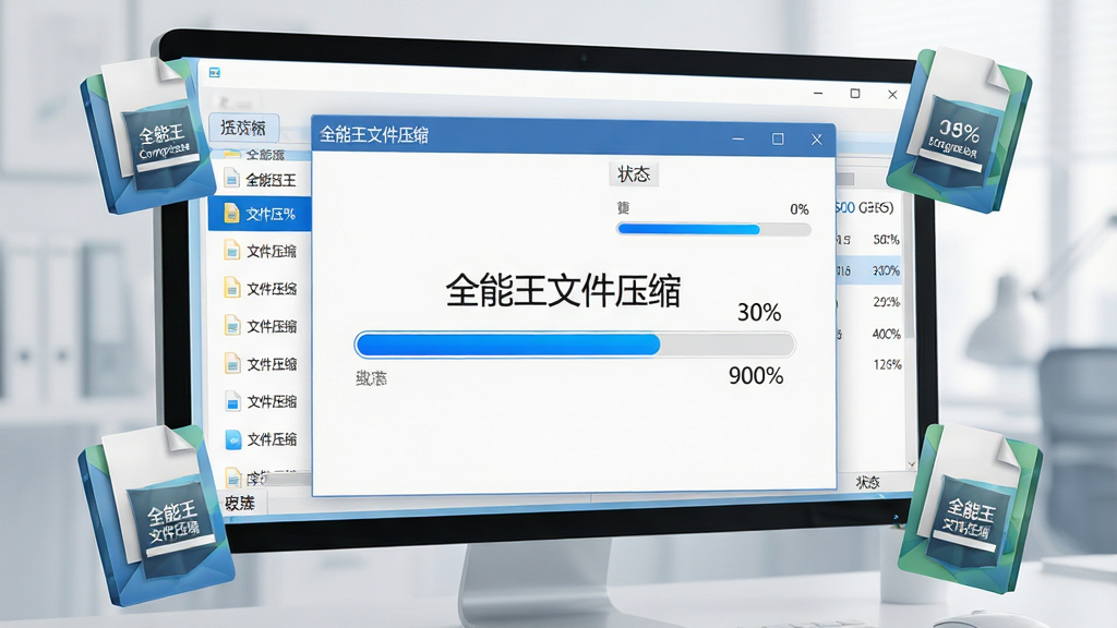 电脑屏幕前显示压缩进度条快速推进,主体是“全能王文件压缩”软件界面窗口,周围有多个文件压缩包正在被处理,布局为左右分栏,左侧文件列表右侧压缩状态,排版整洁,风格写实科技,细节包含蓝色进度条和百分比数字,画质细腻明亮,干净无多余元素,界面标题文字“全能王文件压缩”