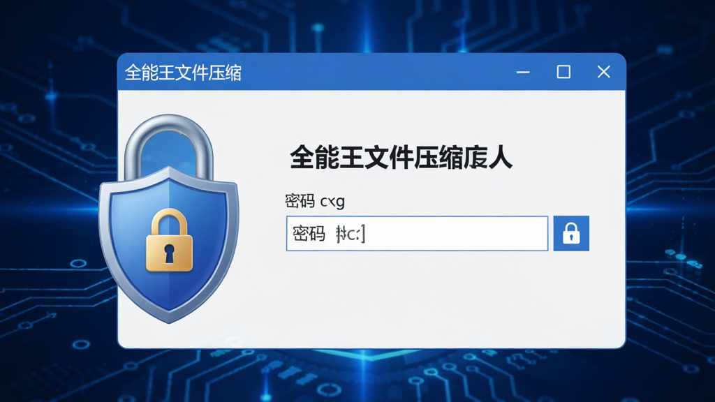 一个加密锁图标与“全能王文件压缩”软件界面结合的特写,主体是带密码输入框的压缩窗口,背景为深蓝色科技感光效,布局居中,排版简洁,风格商务安全,细节包含盾牌与锁形符号,画质清晰干净,无多余元素,界面显示“全能王文件压缩”