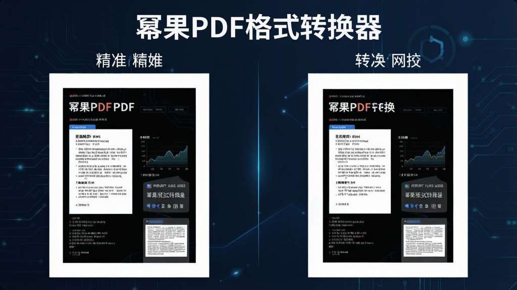 一张对比图,左侧是原始PDF文件页面,右侧是转换后的Word文档页面,两者排版和内容完全一致。图片上方标注“幂果PDF格式转换器”字样,风格为科技感扁平化设计,强调精准与高效,画质清晰,背景干净整洁。