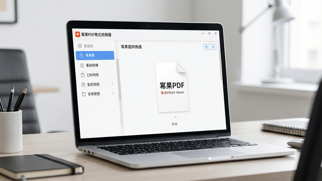 现代办公桌面上,一台笔记本电脑屏幕清晰显示“幂果PDF格式转换器”的主界面,界面风格简洁明亮,左侧是功能列表,右侧是文件转换预览区。整体布局规整清晰,浅色系UI设计,细节丰富,画质高清干净,无多余元素。
