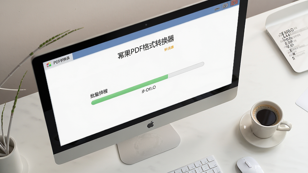 一张电脑屏幕的俯视图,屏幕上显示“幂果PDF格式转换器”正在进行批量转换任务,进度条已过半。桌面上整洁有序,旁边放着一杯咖啡,整体氛围专业且高效,画质清晰,光线柔和。