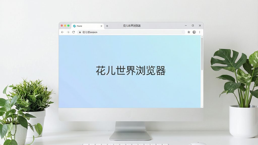 一幅现代简约风格的电脑桌面场景,主屏幕中央是“花儿世界浏览器”的界面,浏览器窗口采用无边框设计,地址栏简洁,背景为淡蓝色渐变,界面干净明亮,旁边有绿色植物点缀,整体风格清新自然,画质高清,干净无多余元素