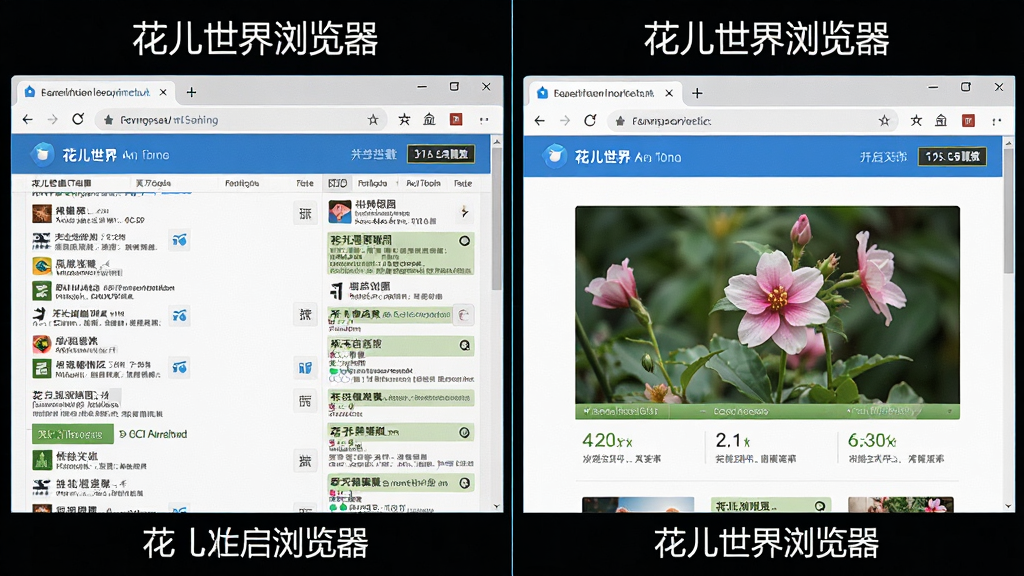 展示“花儿世界浏览器”的广告拦截功能,屏幕对比图,左边是未开启拦截时满屏广告的网页,右边是开启拦截后干净整洁的同一网页,浏览器界面清晰显示拦截数量统计,风格写实,细节丰富,画质清晰,无多余元素