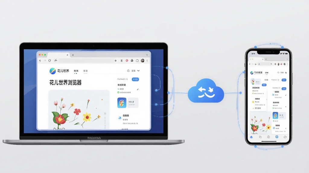 展示“花儿世界浏览器”在手机和电脑上同步使用的场景,左侧是笔记本电脑,右侧是智能手机,屏幕上均显示浏览器主界面,并有一个云同步的图标连接两者,背景为浅灰色,整体风格简洁科技感,画质清晰,无多余元素