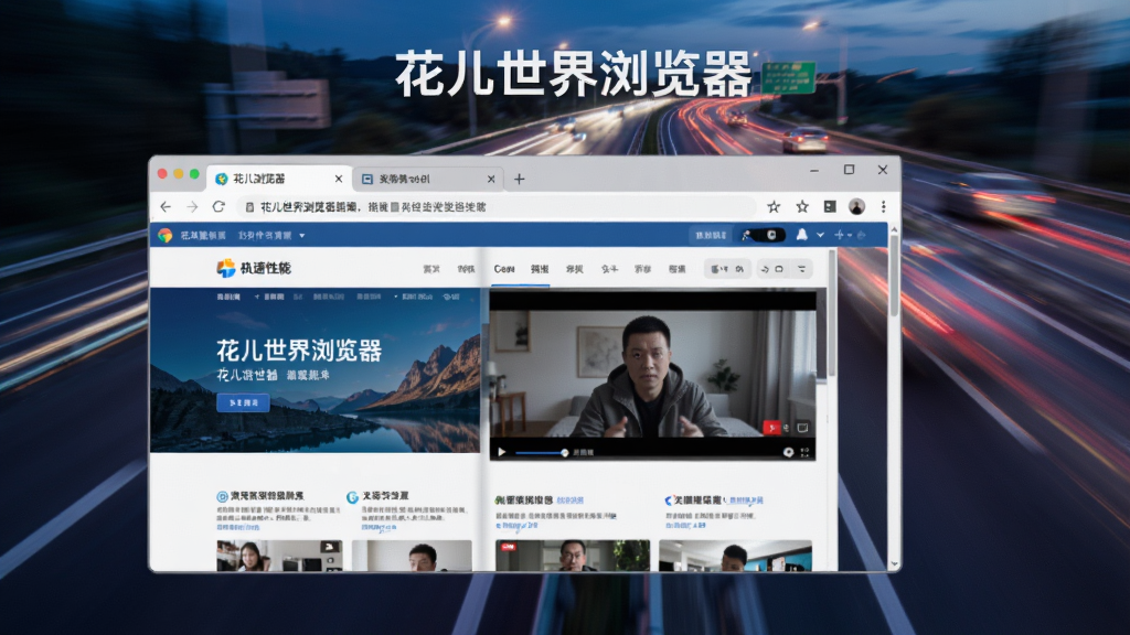 展示“花儿世界浏览器”的极速性能,动态模糊效果的高速公路背景,前景是浏览器窗口,窗口内有多标签页同时打开大型网页和视频,全部流畅运行,画面充满速度感,风格科技感强,画质高清新,无多余元素