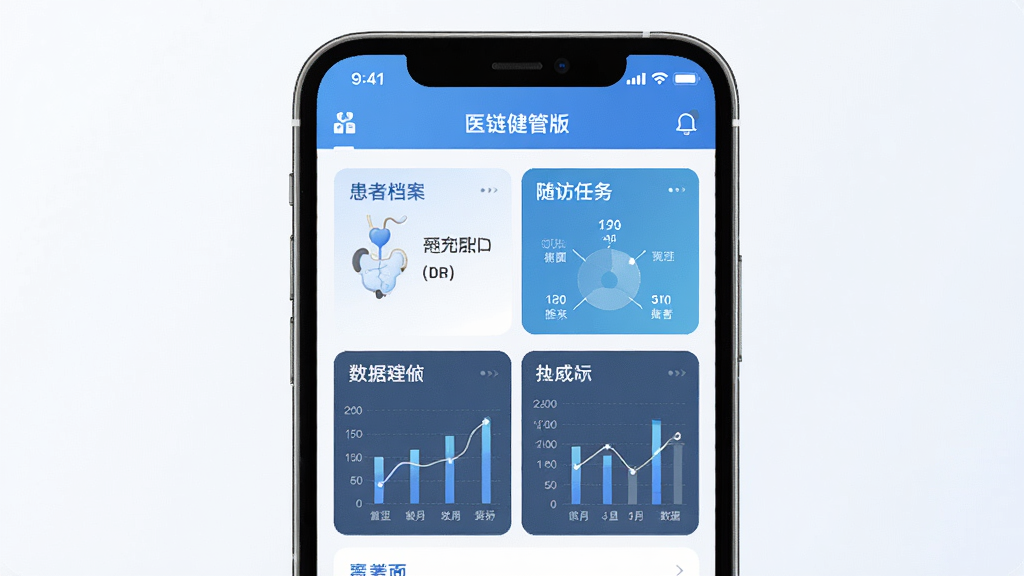 医链健管版软件主界面预览图,展示健康管理功能列表,主体为手机屏幕中的软件界面,包含患者档案、随访任务、数据图表等模块,布局清晰,排版整齐,风格现代简洁,细节丰富,画质高清干净,无多余元素