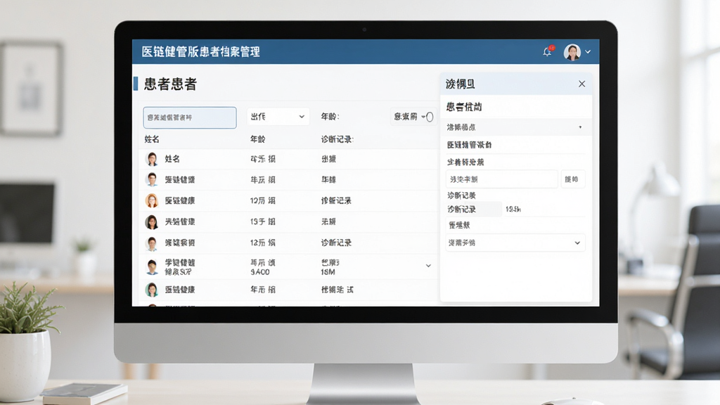 医链健管版患者档案管理界面,主体为电脑或平板屏幕展示患者列表和详情面板,包含姓名、年龄、诊断记录等字段,布局采用左右分栏,排版整齐,风格商务简洁,细节清晰,画质干净,无多余元素