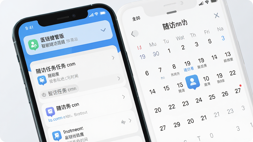 医链健管版智能随访提醒界面,主体为手机通知栏和日历视图,显示随访任务时间点,布局简洁,排版清晰,风格清新,细节丰富,画质高清,无多余元素