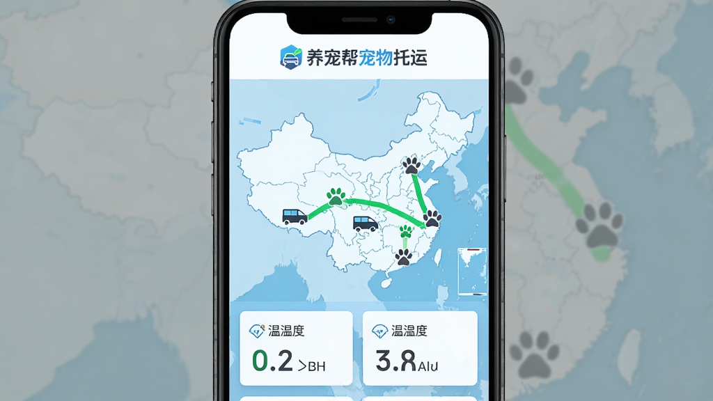 手机APP截图风格界面,顶部显示“养宠帮宠物托运”LOGO,中间是一张中国地图,地图上有一条从北京到上海的绿色轨迹线,轨迹线上有车辆图标和宠物爪印标记,下方显示温湿度数据卡片,背景为浅蓝色科技感界面,扁平化设计,高画质,干净,无多余元素