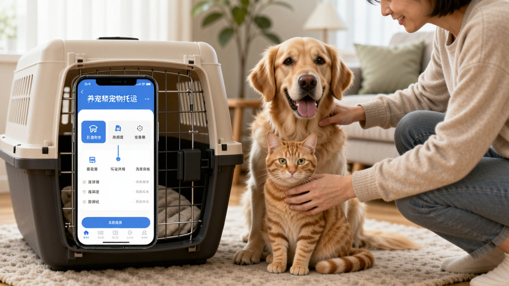 一张温馨的客厅场景,一只金毛犬和一只橘猫并排坐在宠物航空箱旁,主人蹲下轻轻抚摸它们,手机屏幕显示“养宠帮宠物托运”APP界面,界面清晰展示托运流程,整体画面明亮柔和,自然光,写实风格,高画质,干净,无多余元素