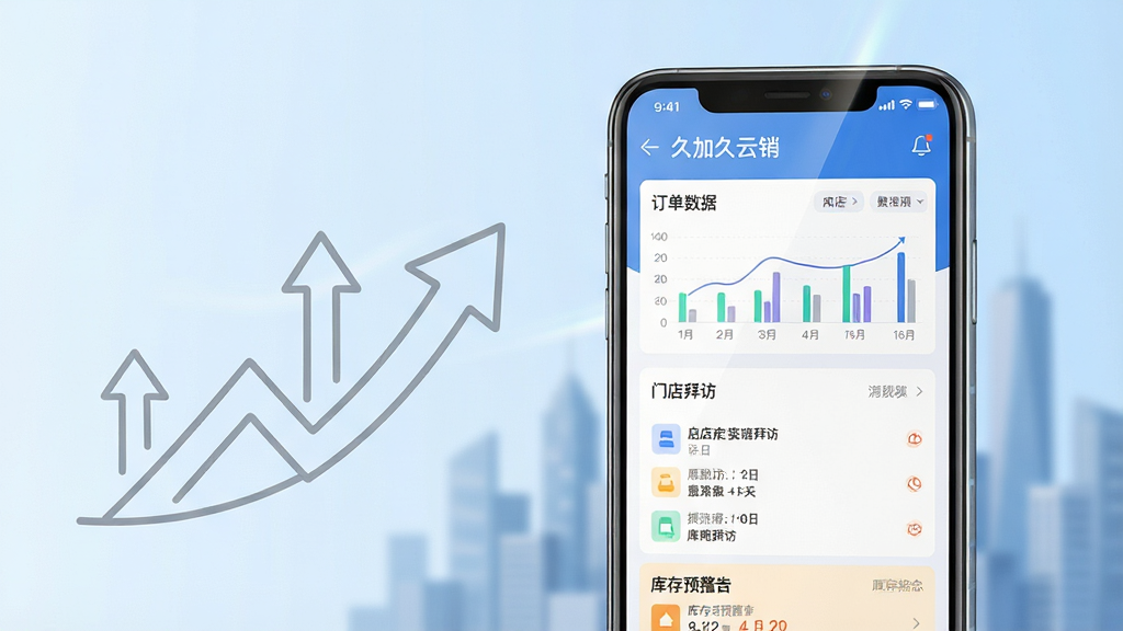主体:一部智能手机屏幕占据画面中心,屏幕上清晰显示“久加久云销”APP的主界面,界面包含订单数据图表、门店拜访列表和库存预警提示。布局:手机位于画面中央偏右,左侧留白区域用灰色线条勾勒出向上的箭头和增长曲线。排版:手机界面UI设计简洁现代,信息层级分明,背景为浅蓝色渐变。风格:科技感与商务感融合,扁平化设计,色彩明快。细节:手机屏幕反射出微弱光泽,界面上的文字清晰可读,背景有虚化的城市轮廓。画质:4K高清,细节丰富,干净,无多余元素。