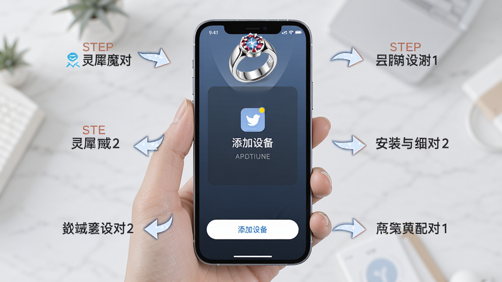 主体:手机端灵犀魔戒app的安装与配对步骤示意,手机屏幕显示配对界面。布局:手机居中,周围有步骤箭头标注。排版:步骤化,清晰明了。风格:教学、简洁、明亮。细节:屏幕上有“添加设备”按钮,戒指在手机上方。画质:高清,干净,无多余元素。