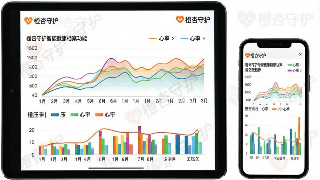 生成一张关于橙杏守护智能健康档案功能的预览图,主体为平板电脑与手机并排展示,屏幕上是彩色折线图与柱状图,展示血压、心率等指标的历史趋势。布局为平铺展示,突出数据可视化效果。排版风格简洁,图表线条流畅,颜色区分明显。细节包括图表坐标轴标签清晰,界面带有“橙杏守护”的Logo水印。画质高清,背景为干净的纯白色,突出主体,画面干净无多余元素。
