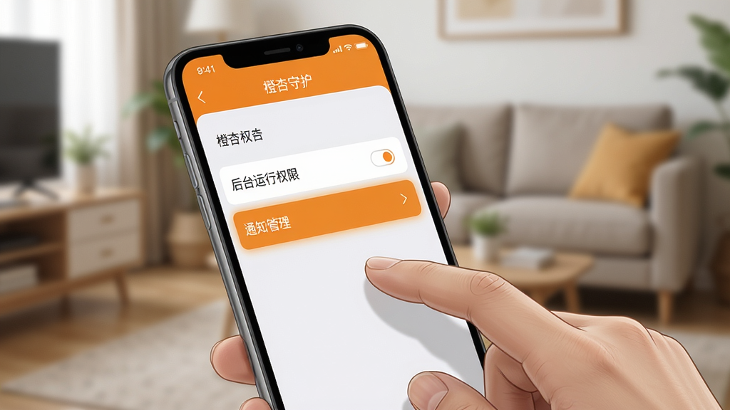 一张关于橙杏守护使用场景的插图,主体为一只手拿着手机,屏幕显示设置界面,包含“后台运行权限”和“通知管理”选项。布局为手持设备的特写镜头,背景为模糊的客厅环境。排版简洁,菜单列表清晰可见,选中项高亮显示。风格写实,光线自然,细节上手指轻触屏幕,画面干净无多余元素,图片中手机屏幕上显示“橙杏守护”字样。
