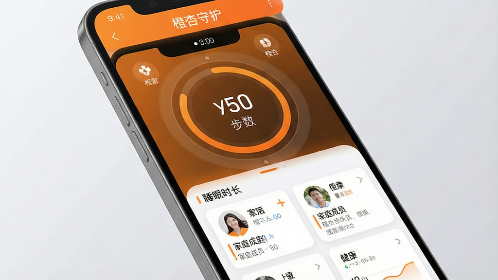 一张展示橙杏守护软件核心界面的高清渲染图,主体为智能手机屏幕特写,屏幕内显示健康数据仪表盘,包含圆形进度环展示步数与睡眠时长,下方有清晰的家庭成员健康卡片列表。布局采用居中构图,手机略微倾斜呈现立体感。排版风格现代简约,以橙色和白色为主色调。细节上,数据字体清晰,图标精致,背景为柔和的浅灰色渐变。画质细腻,光线均匀,整体风格专业且具有科技感,画面干净无多余元素,图片中屏幕内显示“橙杏守护”字样。