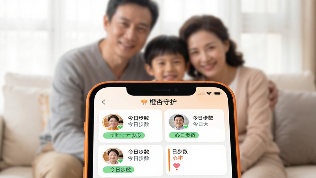 一张体现橙杏守护家庭成员共管功能的场景图,主体为一部手机,屏幕显示家庭群组界面,包含多位成员的头像和各自的今日步数、心率状态。布局采用上下结构,上方为家庭合影的模糊背景,下方为手机屏幕特写。排版温馨,头像采用圆形设计,状态标签为绿色。细节上,手机边框有橙色点缀,背景虚化处理。画质柔和,光线自然,整体传达出安心、守护的氛围,图片中手机屏幕上有“橙杏守护”字样。