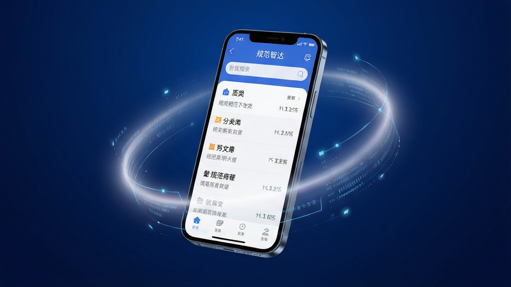 高清数字渲染风格的主视觉图,画面中央是一台悬浮的智能手机,屏幕中展示着名为“规范智达”的APP界面,界面清晰显示分类整齐的规范文档列表和智能搜索框,手机周围环绕着柔和的光效和数据流线条,背景为深蓝色渐变,突出科技感与专业感,构图平衡,主次分明,画质细腻,干净无多余元素