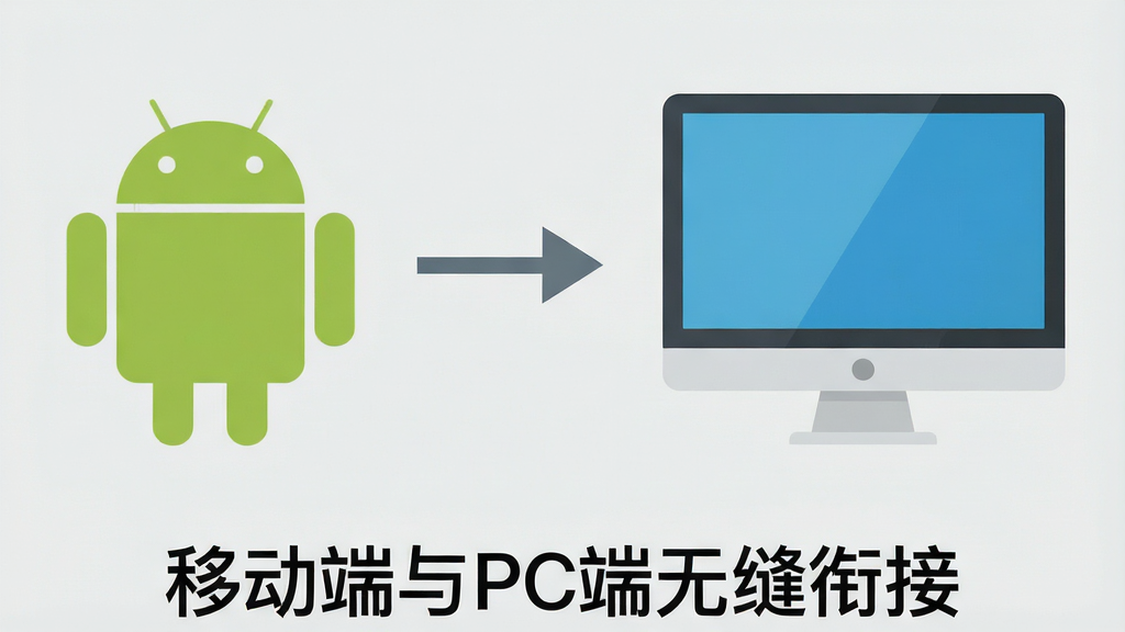 一张风格简洁的说明图,左侧是安卓手机图标,右侧是电脑显示器图标,中间用箭头连接,下方配有文字“移动端与PC端无缝衔接”,背景为浅灰色,扁平化设计风格,画质清晰,无多余元素
