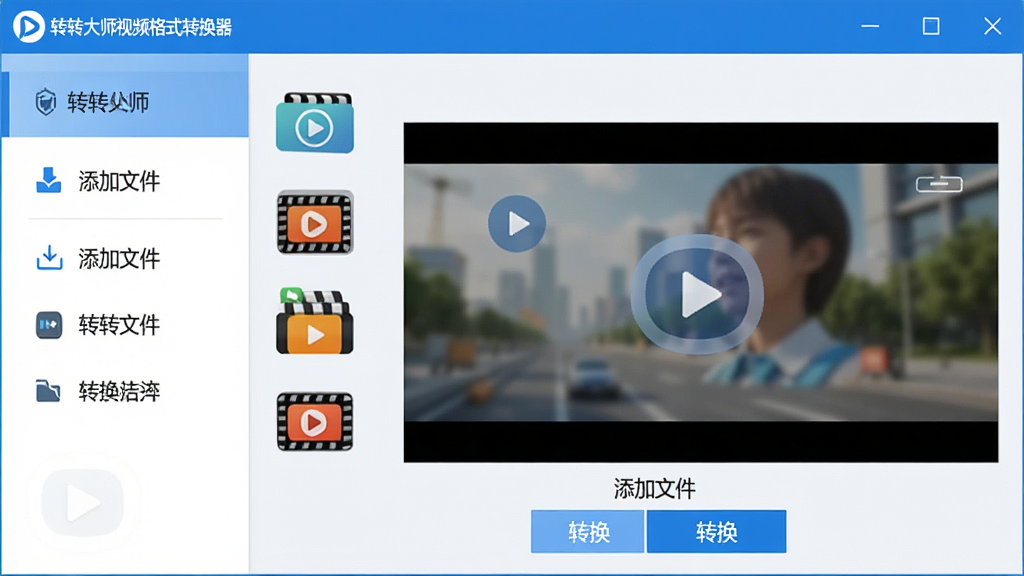主体:转转大师视频格式转换器主界面,展示软件logo和多种视频格式图标。布局:居中放置软件主窗口,左侧为功能列表,右侧为视频预览区域。排版:清晰简洁,功能按钮排列整齐。风格:现代科技感,蓝白配色,界面明亮干净。细节:窗口上显示“转转大师视频格式转换器”字样,下方有“添加文件”“转换”等按钮。画质:高清,干净,无多余元素。