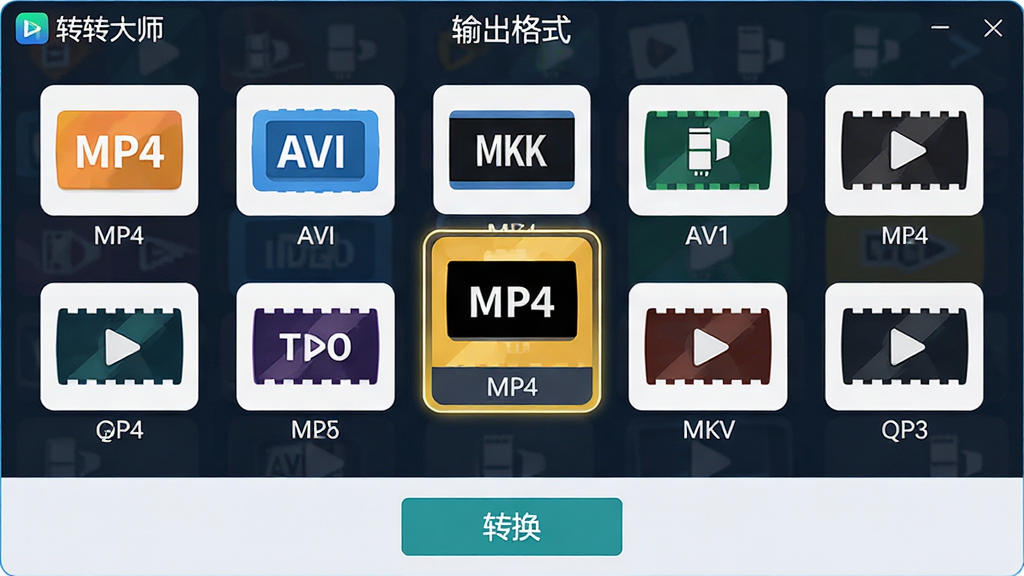 主体:转转大师视频格式转换器的格式选择界面,展示多种视频格式图标如MP4、AVI、MKV等。布局:图标以网格形式排列,中央高亮显示MP4格式。排版:整齐有序,图标下方有格式名称标签。风格:扁平化设计,色彩鲜艳。细节:界面顶部有“输出格式”标题,底部有“转换”按钮。画质:高清,干净,无多余元素。
