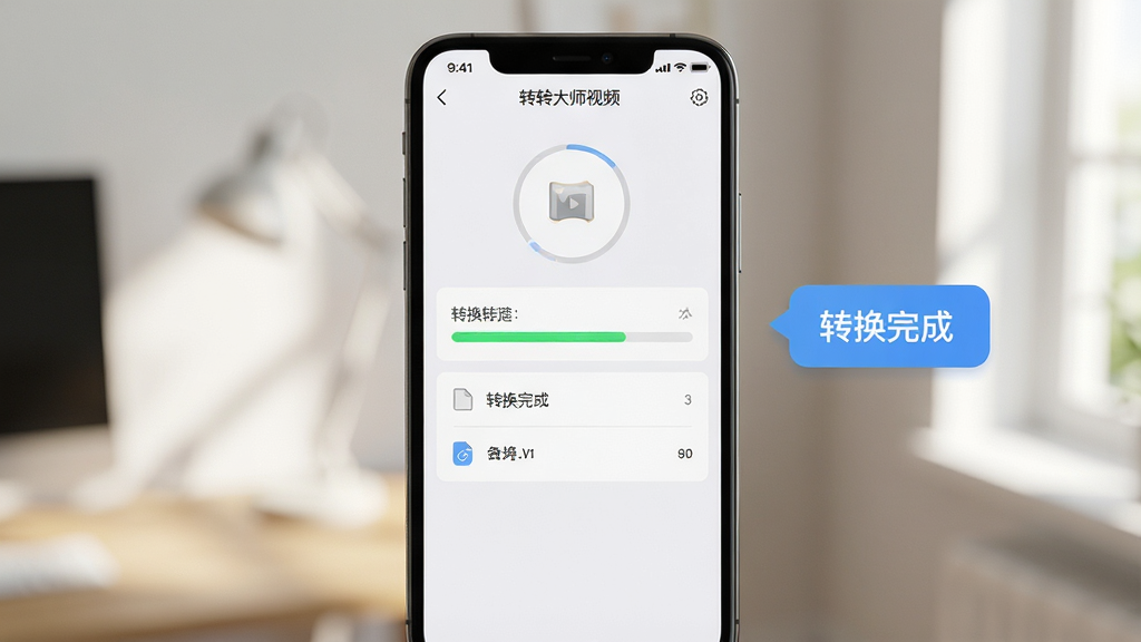主体:转转大师视频格式转换器在手机上的操作界面,展示手机屏幕中的软件界面。布局:手机居中,屏幕内显示转换进度条。排版:简洁,突出进度条和文件信息。风格:写实,光线自然。细节:手机旁有“转换完成”的提示气泡。画质:高清,干净,无多余元素。