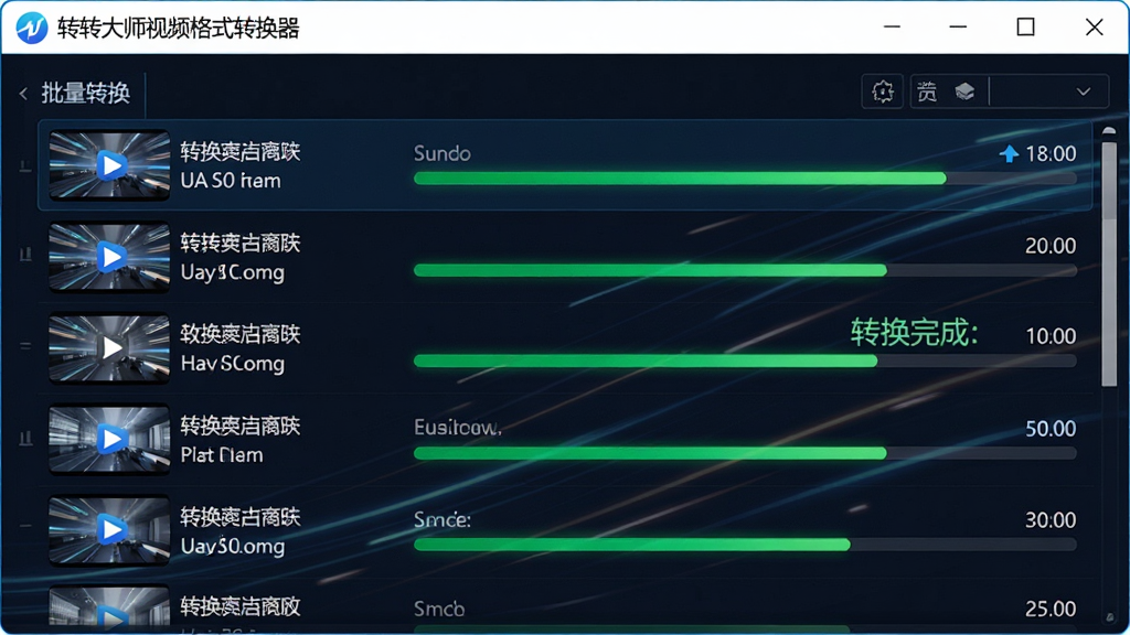 主体:转转大师视频格式转换器的批量转换界面,显示多个视频文件正在转换。布局:列表形式展示文件,进度条绿色高亮。排版:清晰直观,文件信息完整。风格:科技感,带有速度感线条。细节:界面显示“转换完成”字样,时间统计。画质:高清,干净,无多余元素。