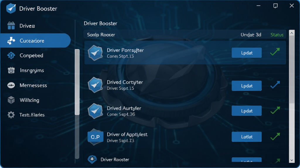 Driver Booster ������չʾ����๦���б����Ҳ���ʾ����ɨ�����б���ÿ����������и��°�ť��״̬ͼ�꣬���������������������ɫ�Ƽ���񣬱���Ϊ��ɫ���䣬���ʸɾ��޶���Ԫ��