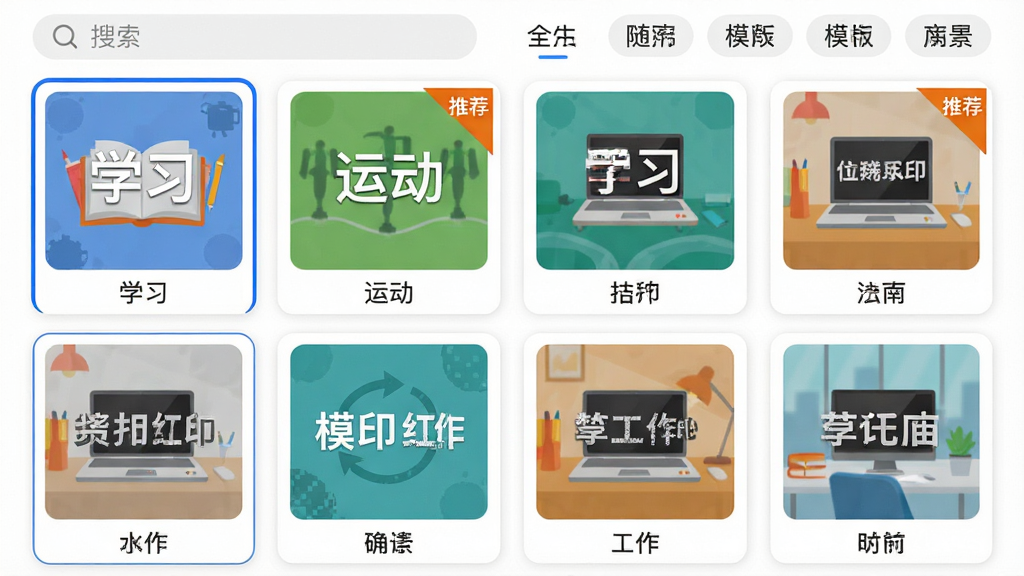 ���壺��ȫ�������ˮӡ������Ķೡ��ģ��ѡ��ҳ�棬չʾ�������ģ������ͼ���ֱ����ѧϰ���˶��������ȳ�����ÿ������ͼ���в�ͬ��ˮӡ��ʽԤ�������֣�����״���У�ÿ����Ƭ�·���עģ�����ƣ��������������ͷ����ǩ���Ű棺����ͼ��С���ȣ����ֱ�ǩ������������ð�ɫ��������񣺱�ƽ����ƣ�ɫ�����죬�Ӿ���η�����ϸ�ڣ���ǰѡ�е�ģ������ɫ�߿��ʶ�����Ͻ��С��Ƽ����Ǳꣻ���ʣ����壬�ɾ����޶���Ԫ�ء�