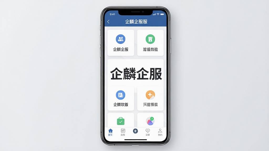 一张展示企麟企服软件主界面的高清截图,画面中央是手机屏幕,屏幕内清晰显示“企麟企服”四个字,界面布局包含底部导航栏、顶部标题栏,以及卡片式的功能模块图标,整体风格简洁商务,背景为浅灰色,光线柔和,画质干净,无多余元素