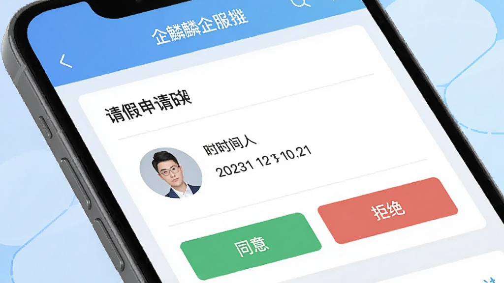 一张展示企麟企服审批功能界面的图片,手机屏幕上显示一条审批详情页面,包含“请假申请”字样、申请人头像、时间日期以及“同意”和“拒绝”两个按钮,背景为浅蓝色渐变,界面扁平化设计,细节清晰,画质干净,无多余元素
