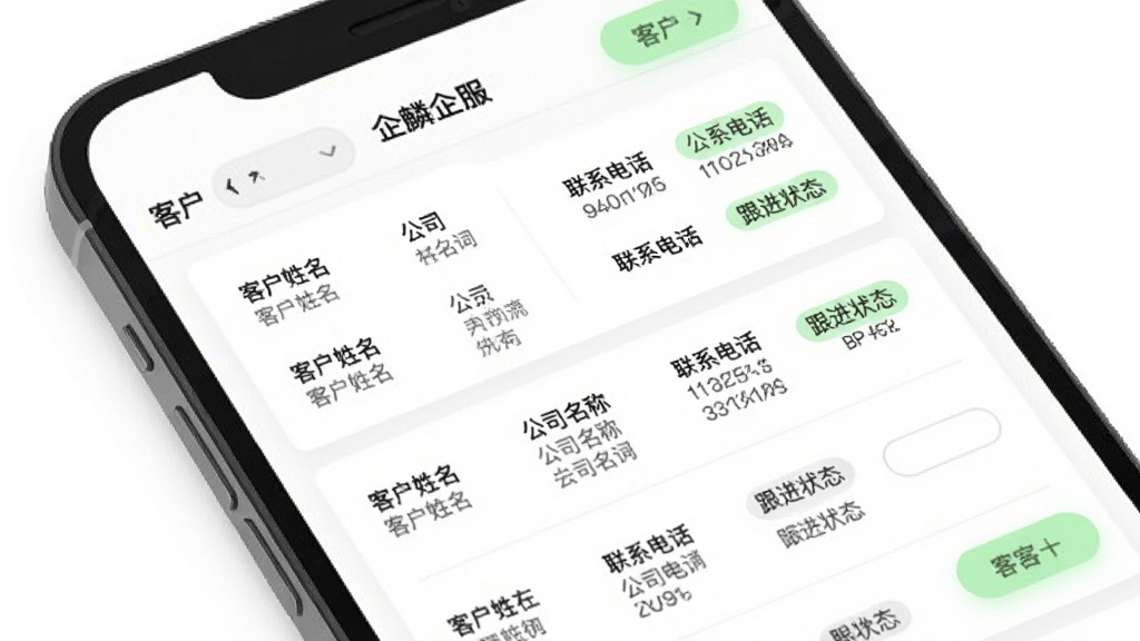 一张展示企麟企服客户管理界面的图片,手机屏幕显示客户列表,每条记录包含客户姓名、公司名称、联系电话以及跟进状态标签,界面采用卡片式布局,背景为白色,配有浅绿色高亮按钮,整体风格商务简约,画质干净,无多余元素