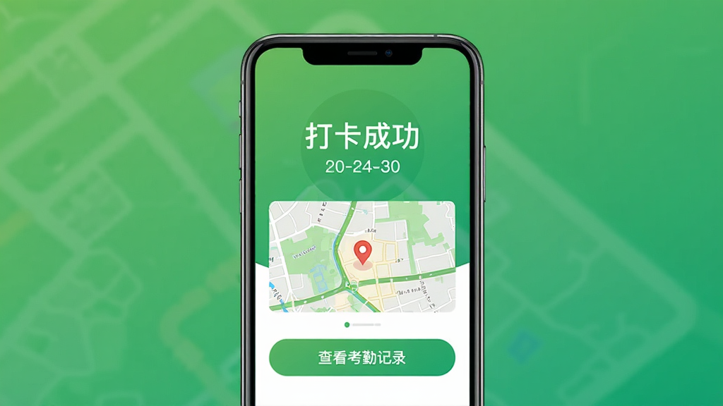 一张展示企麟企服考勤打卡界面的图片,手机屏幕上显示打卡成功页面,包含“打卡成功”四个字、当前时间、定位地图以及“查看考勤记录”按钮,背景为绿色渐变,界面简洁清晰,画质干净,无多余元素