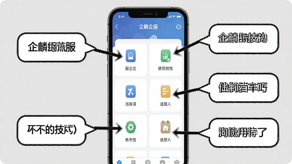 一张展示企麟企服使用技巧的图片,手机屏幕显示应用主界面,旁边有箭头指向各个功能区域,并配有文字气泡说明,背景为浅灰色,整体风格教学式,画质干净,无多余元素