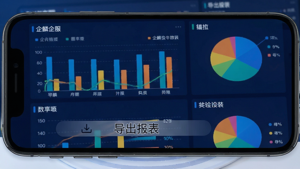 一张展示企麟企服数据报表界面的图片,手机屏幕上显示多张统计图表,包括柱状图和饼图,图表下方有“导出报表”按钮,背景为深蓝色,图表配色鲜艳,界面科技感强,画质干净,无多余元素