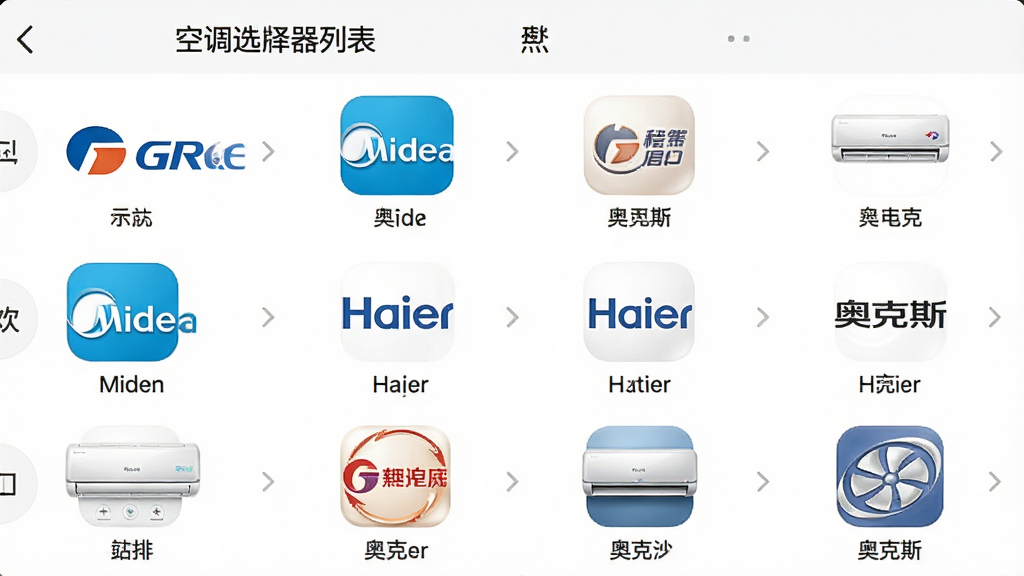 一张“空调遥控器全能用”应用内的品牌选择列表界面截图,屏幕上纵向排列着格力、美的、海尔、奥克斯等多个知名空调品牌的图标与名称,每个图标设计精美,列表背景为干净的白色,界面清晰易读,风格简洁直观,画质高清,无多余元素