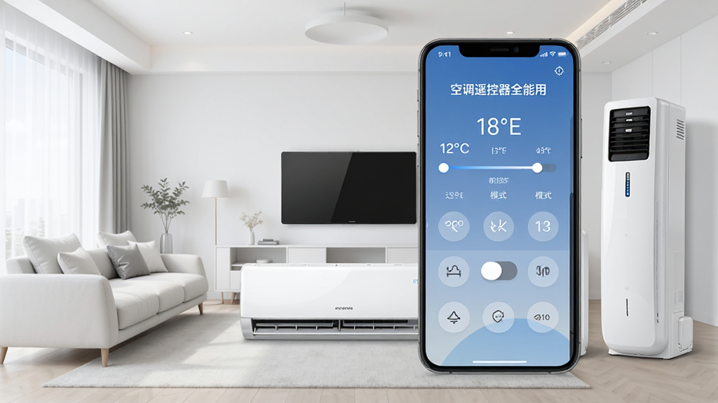 一张智能手机屏幕显示“空调遥控器全能用”应用界面,手机旁边摆放着几台不同品牌的现代空调室内机,背景是简洁明亮的客厅,界面布局清晰,包含温度调节、模式切换等虚拟按键,风格现代简约,画质高清干净,无多余元素
