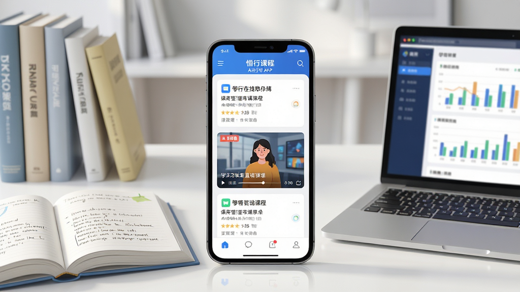 主体:恒行在线APP界面展示,手机屏幕上有课程列表和直播课堂画面,背景为现代简约书房。布局:手机居中,周围有书本和笔记本电脑,整体呈三角形构图。排版:手机屏幕上的课程名称清晰可见,界面干净整洁。风格:写实与插画结合,色彩明亮,突出教育科技感。细节:手机屏幕反射柔和灯光,书本上有笔记,电脑显示学习数据图表。画质:4K高清,细节丰富,画面干净,无多余元素。