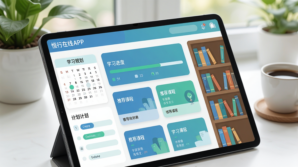 主体:恒行在线APP的智能学习规划界面,屏幕显示学习进度条和推荐课程卡片。布局:平板电脑斜放,左侧有日历和计划表,右侧有书架。排版:屏幕上的课程卡片排列整齐,进度条清晰可见。风格:扁平化设计,搭配蓝绿色调,简洁现代。细节:背景有绿植和咖啡杯,营造舒适学习环境。画质:高清渲染,色彩柔和,画面干净,无多余元素。