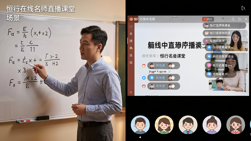 主体:恒行在线名师直播课堂场景,老师正在白板前讲解,屏幕上显示课件和学生互动弹幕。布局:画面左侧为老师,右侧为直播画面,下方有学生头像列表。排版:课件文字清晰,弹幕滚动有序。风格:写实风格,灯光温暖,突出教学氛围。细节:老师手持触控笔,白板上有公式,学生头像为卡通形象。画质:高清视频风格,细节丰富,画面干净,无多余元素。